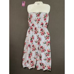 Shosho Floral Strapless Jumpsuit Romper Stretch Blue White Stripe Pockets Size S